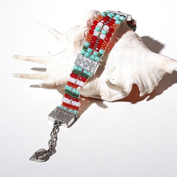 Tribal Bead Bracelet Silvertone Turquoise Red Blue Glass Lobster Clasp 8" - Picture 5 of 6